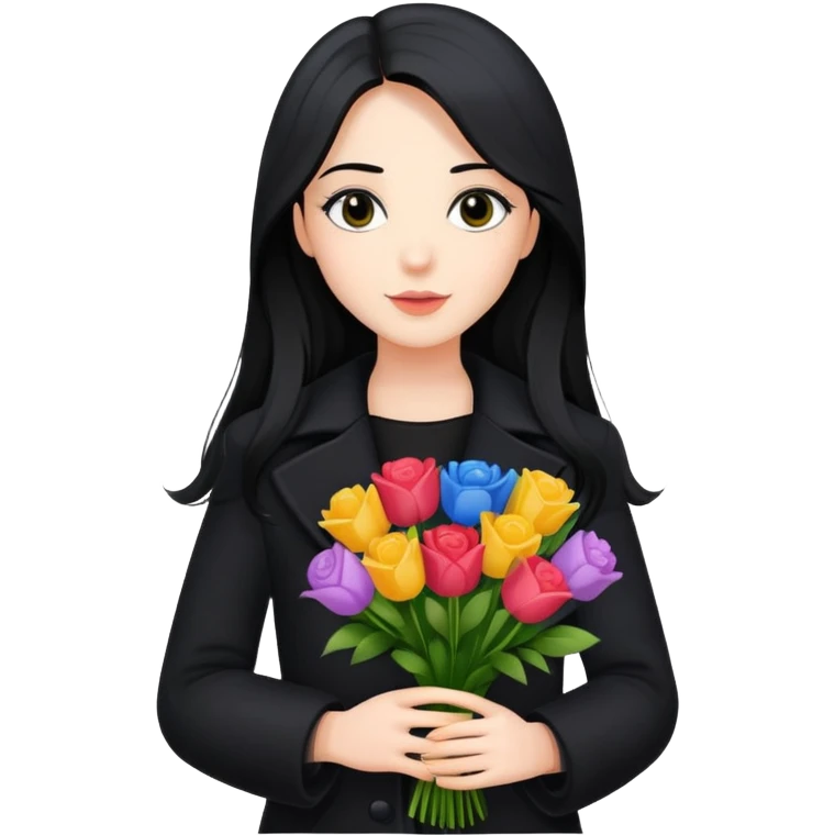 beautiful girl with long black hair wearing a black coat holding a bouquet of flowers emoji