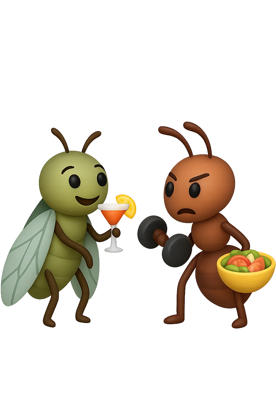 EMOJI STILE IPHONE 3D DI una cicala e una formica che parlano tra loro, la formica ha nella mano destra un manubrio da palestra e nella nella mano sinistra una bowl di insalata, la cicala invece ha un cocktail in mano, la cicala prende in giro la formica, non fare i fumetti però emoji
