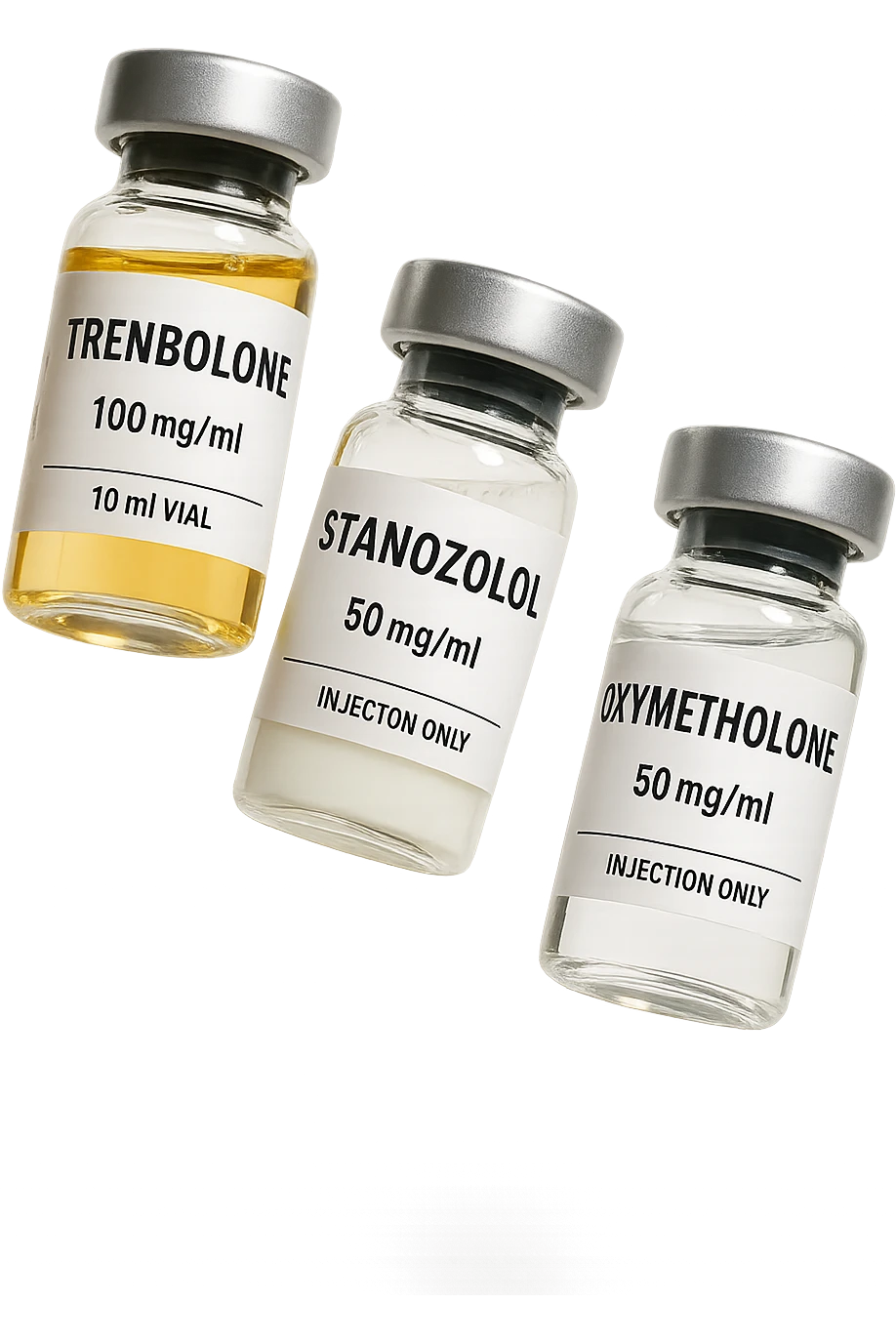 FIALE MEDICHE DI Trenbolone, stanozololo, oxymetholone FLUTTUANO IN ARIA, iperrealistico 4k, isolato su sfondo bianco emoji