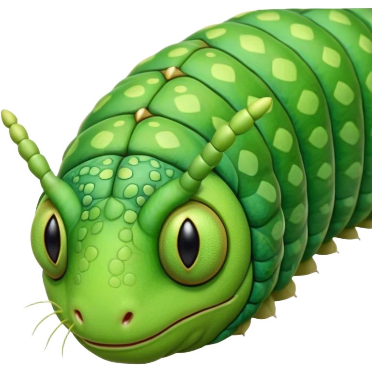 Cinematic Realistic Noble Caterpillar Portrait Emoji, Poised and serene, with a slender, segmented body covered in vivid, detailed green scales accented by subtle natural patterns, and a tiny, focused face with delicate, inquisitive eyes, rendered with lifelike texture and soft natural lighting, high shine, intelligent and delicate, styled with an air of woodland elegance, focused and attentive, soft glowing outline, capturing the essence of a watchful and confident looper caterpillar that appears ready to inch gracefully out of the screen with natural authority! emoji