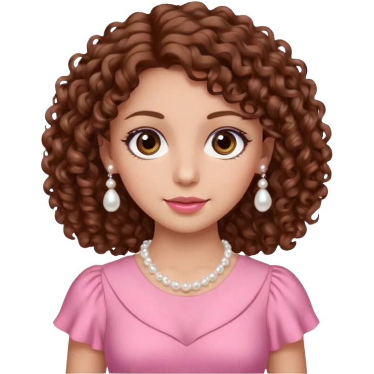 A woman with a brown curly hair and beautiful brown eyes and white skin and pink dress with pearl jewelry emoji