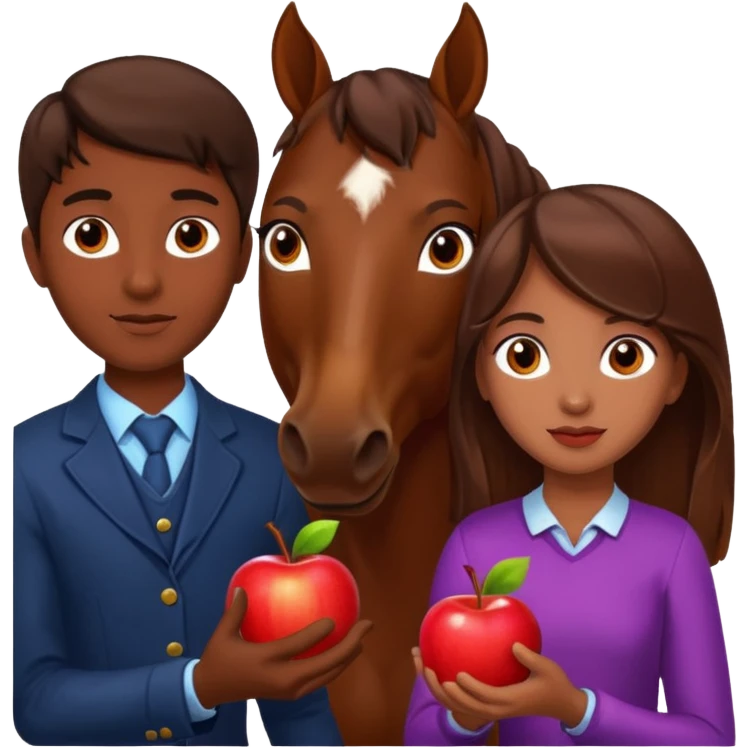 a dark skinned boy and a brown haired girl giving an apple to a horse emoji