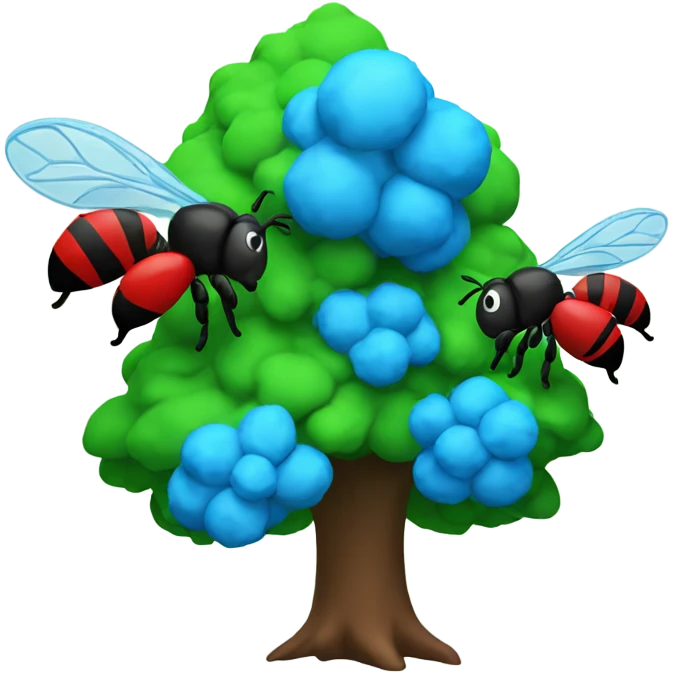 Blue Tree attacking red tree and green bee emoji