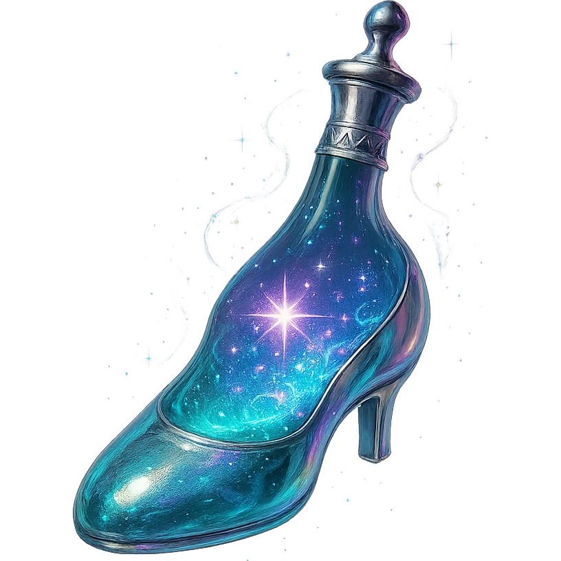 slipper-shaped luxurious elixir bottle, elegant color palette, iridescent and silver details, intense magical glowing and sparkling effects, very small neck, seamless bottom, transparent background, floating, no base or shadow, modern, matching a collection emoji