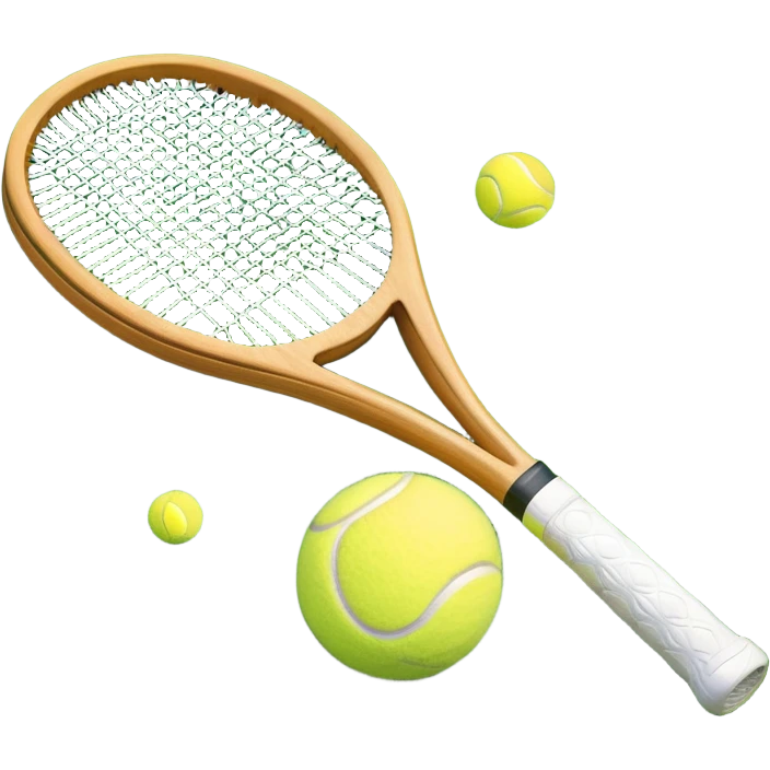 A detailed tennis racket resting on lush green grass beside a bright yellow tennis ball. The scene captures the essence of classic lawn tennis, with a crisp and clean background emphasizing the elegance and tradition of the sport emoji