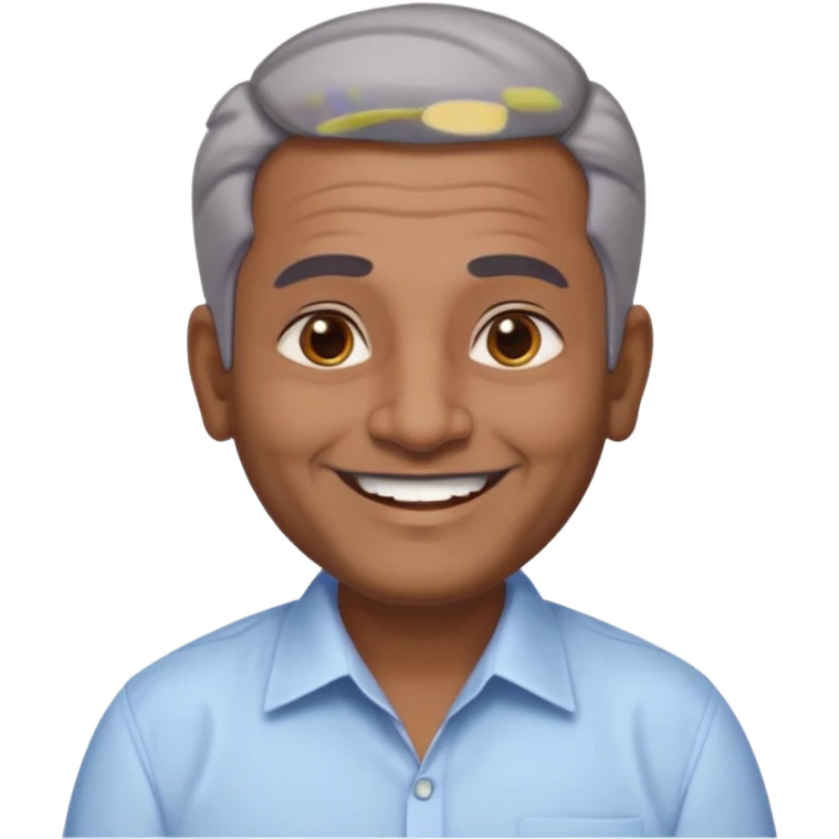 50 yr old indian man, dark skin, grey hair, big smile, white teeth, chubby, no moustache, clean shaven, young style hair, hair brushed back, 5 oclock shadow, bindy on forehead, dress shirt, forehead dot emoji