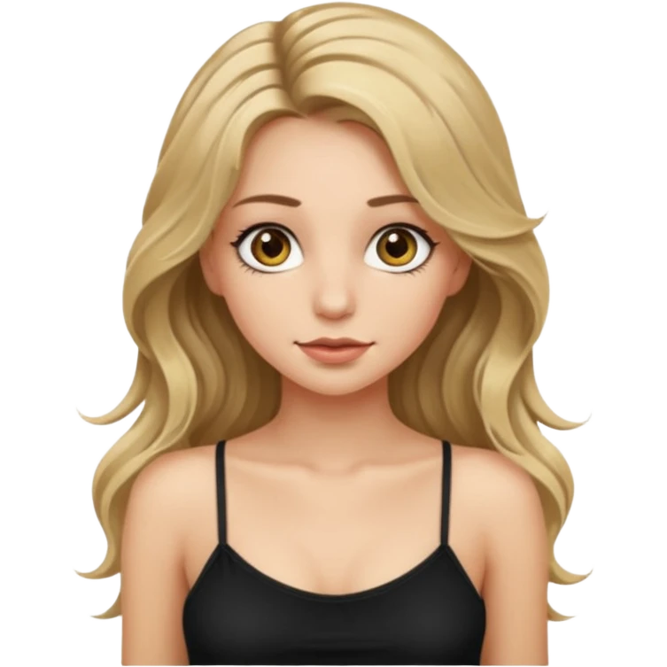 make an emoji girl with long dirty blond hair and hazel eyes. wearing a cute black spaghetti strap tank top tank top and her hair is down and slightly wavy. she also has really long eyelashes  emoji