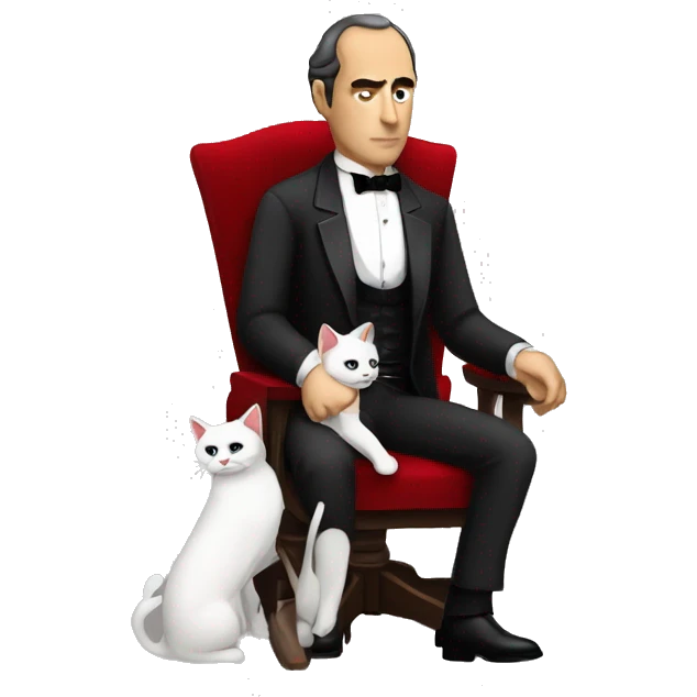 don corleone as a mafia boss sitting on a red chair petting a white cat on his lap emoji