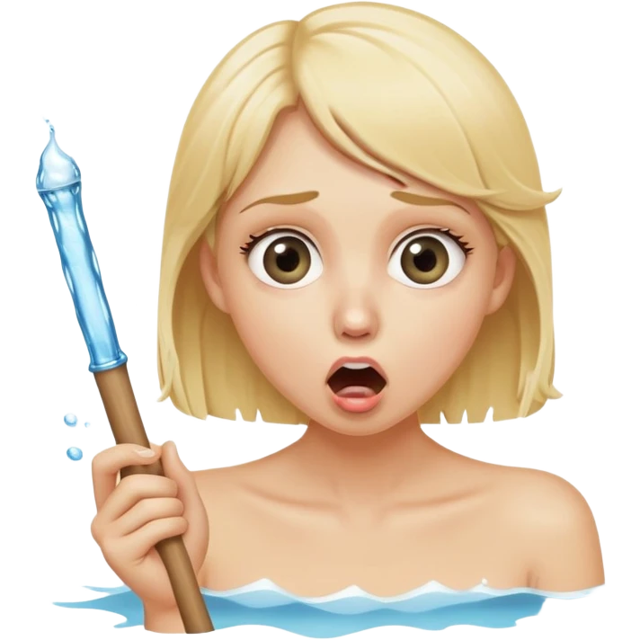 blond woman with wide eyes, holding a wide skin-colored stick with a round knob, both matching her skin tone, water squirting from the knob into her mouth, shocked face emoji