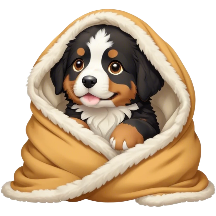 bernese mountain dog puppy cozy in a blanket , kawaii disney style emoji