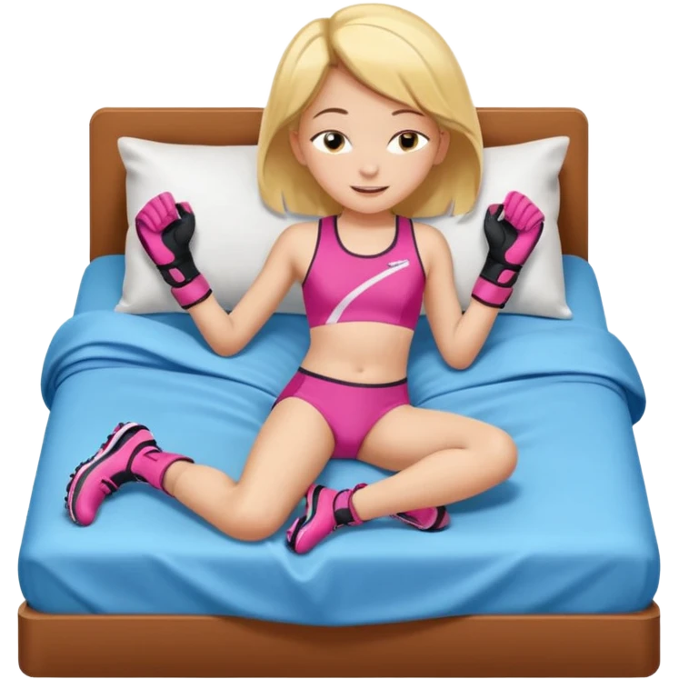 ten-year-old girl in a racing suit, racing shoes and racing gloves with no helmet, unzipped, revealing a sports bra, sleeping on a bed happily, flat-chested and prepubescent emoji