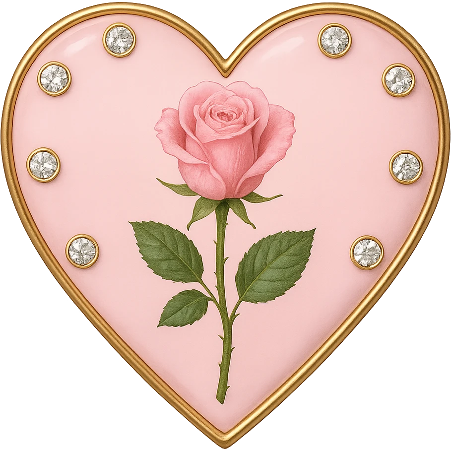 single rose pink heart, pastel pink enamel, sparkling gems emoji