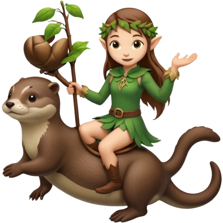 tiny forest elf girl brown straight hair with riding an otter emoji