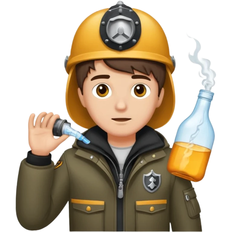 erstell ein bild Von eine jungen der braune augen hat eine sturmhaube trägt und eine Jacky flasche in der Hand hebt plus eine Jacke mit schwarzen fell emoji