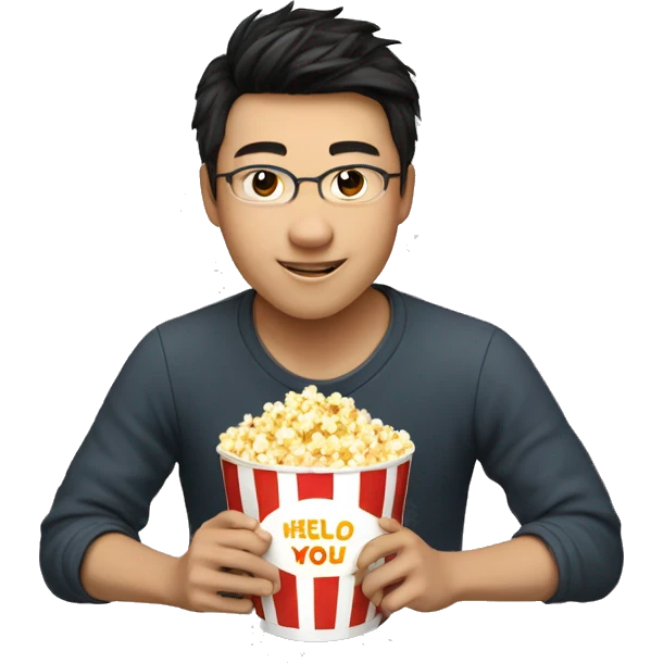 a Chinese 20-year-old boy with curved hair holding a cup of popcorn and saying Hello emoji