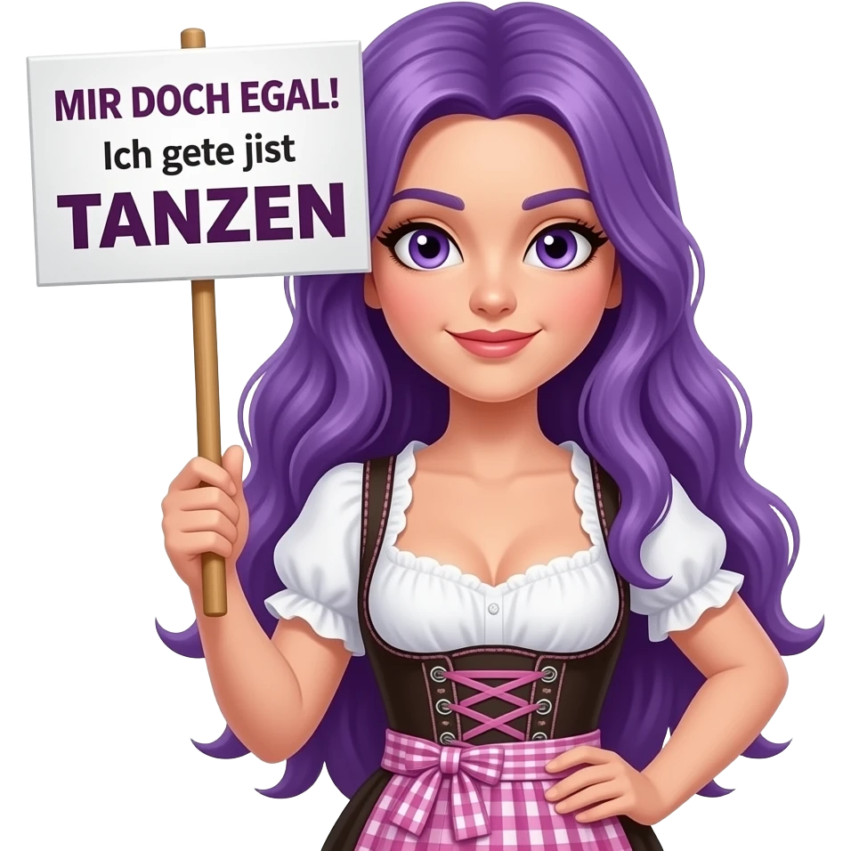 sexy girl with long purple hair and purple eyes wearing a dirndl holding a MIR DOCH EGAL! Ich gehe jetzt TANZEN sign emoji