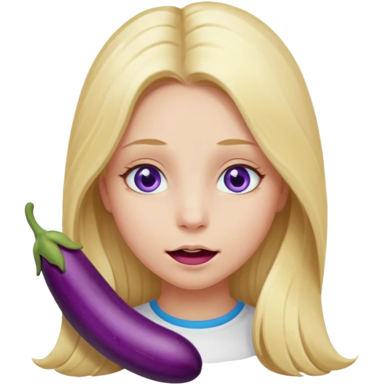 Girl, long blond hair, blue eyes, eggplant on mouth emoji