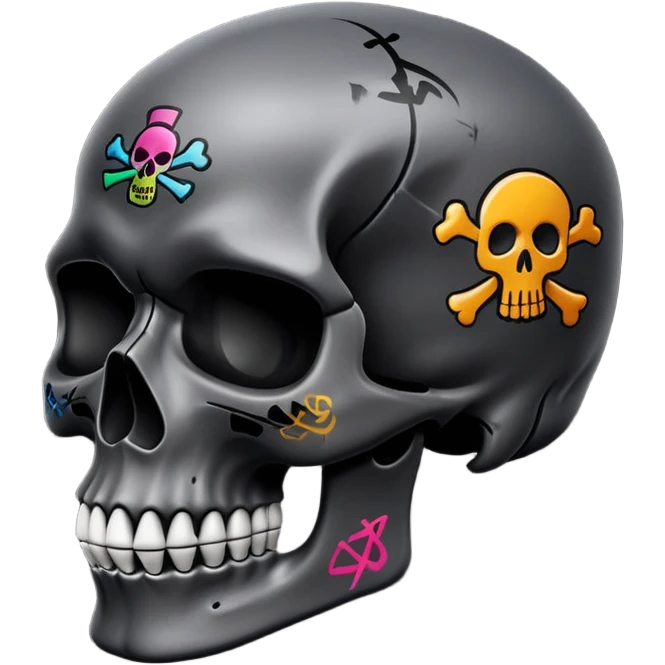 smooth black skull with graffiti brand logos, side view emoji