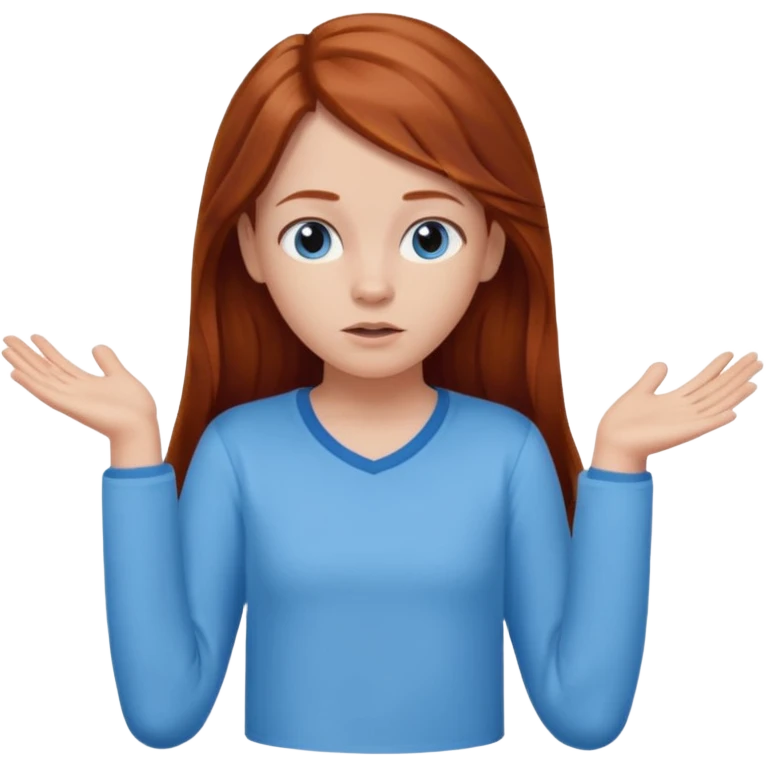 shrugging emoji tween long auburn hair light blue shirt with a darker blue L emoji