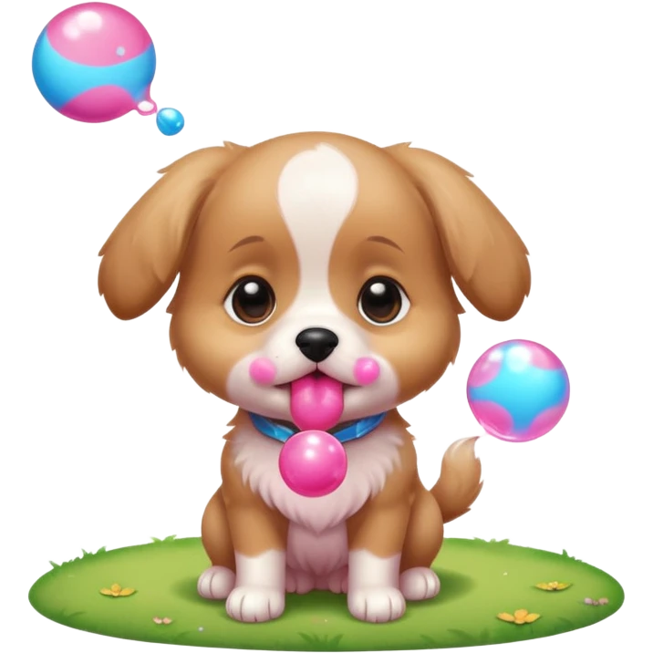 Cute tiny puppy blowing bubblegum at the park emoji