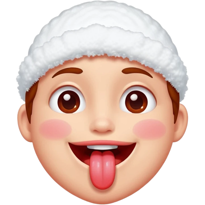 Someone got hit with a snowball and has snow on their face but is happy and smiling with their tongue out but their eyes are red emoji