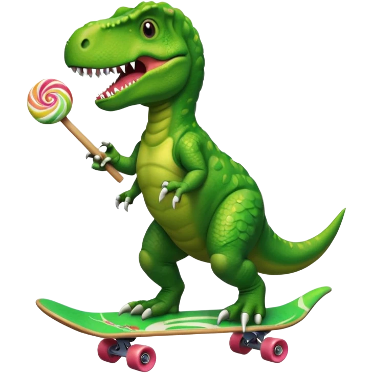 T-Rex riding a skateboard with attempting to have a lollipop but can’t because the arms are too short emoji