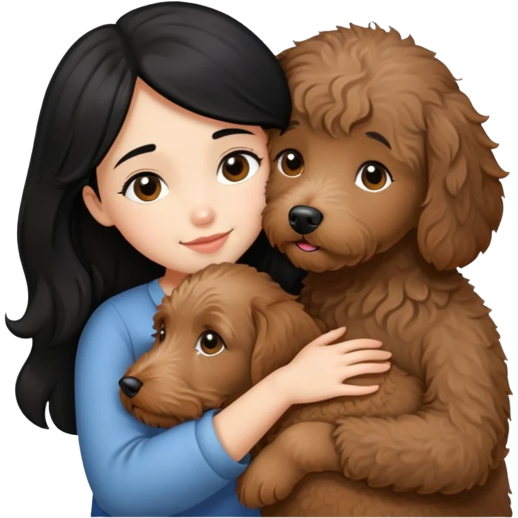 a girl with medium long black hair, hugging a little brown coated labradoodle. emoji