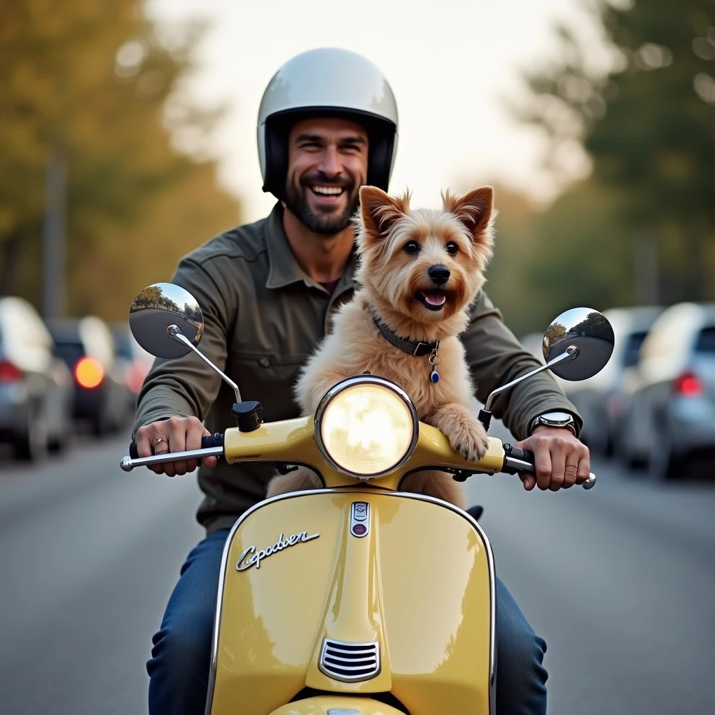 man and his pet dog riding a vespa emoji