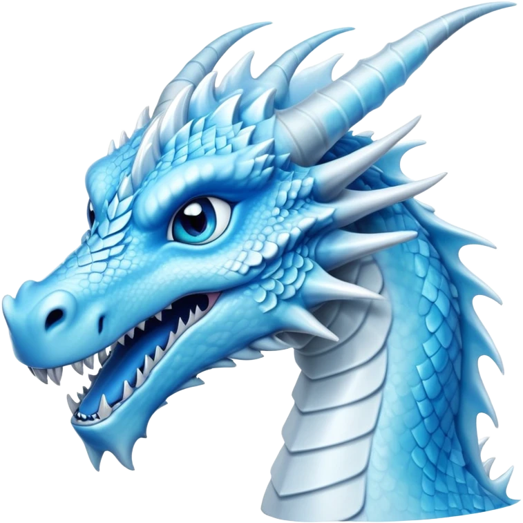 Cinematic Noble elegant Ice Dragon Portrait Emoji, Poised and imposing, distinct long elegant snout, with a slender, scaled body shimmering in glacial hues of icy blue, frostbitten silver, and crystalline white, breathing out frost, with piercing, glowing blue eyes that radiate the chilling depths of an arctic storm; rendered in detail. emoji