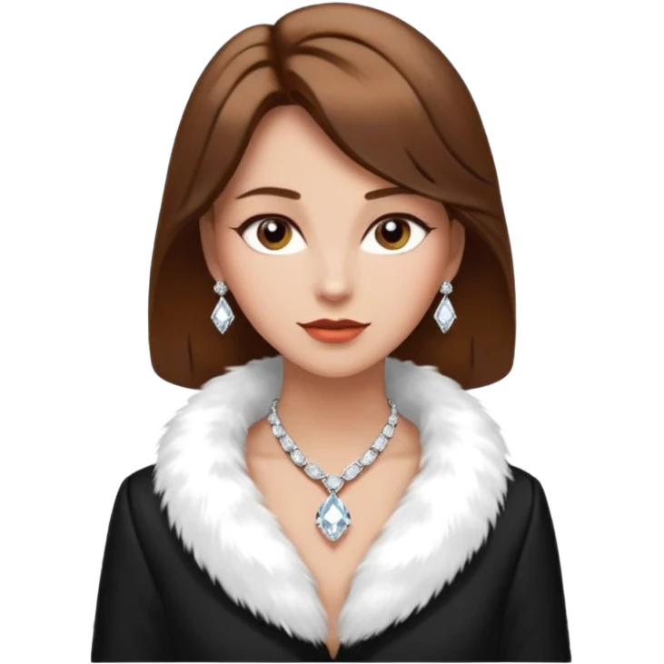 * Character: A stylish lady,brown hair
* ﻿﻿Clothing: A luxurious white fur coat
* ﻿﻿Accessories: A dazzling diamond necklace
* ﻿﻿Expression: Confident, elegant, maybe slightly glamorous
* ﻿﻿Pose: Head slightly tilted or a poised posture
* ﻿﻿Style: Emoji-like, simple but expressive emoji