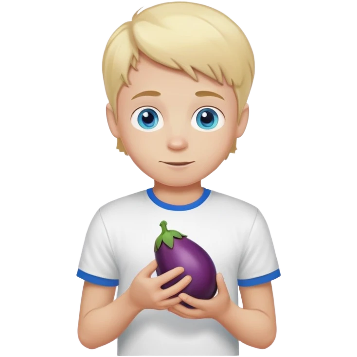 blonde boy with blue eyes with t shirt "I love Marek" and eggplant emoji