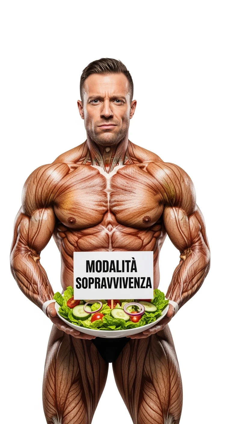 bodybuilder molto stanco e stressato con un insalata in mano, nell'insalata c'è un cartello con scritto "MODALITà SOPRAVVIVENZA", ISOLATO SU SFONDO BIANCO emoji