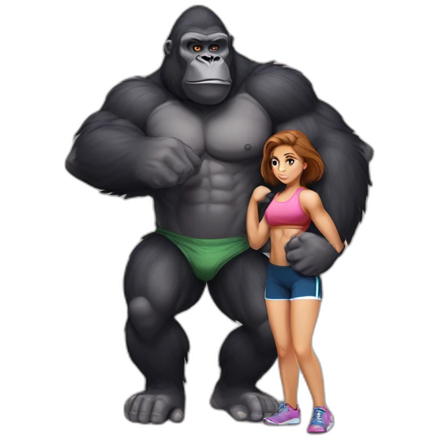 Big buff Gorilla holding a beautiful girl with a huge back doing exercises emoji