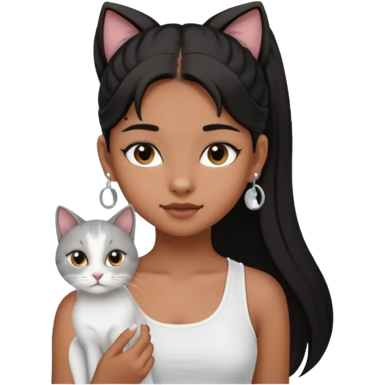 An brown skin Teenager girl with brown eyes, long black hair in one high ponytail, with a white crop top holding her grayish-white cat, and small silver earrings emoji
