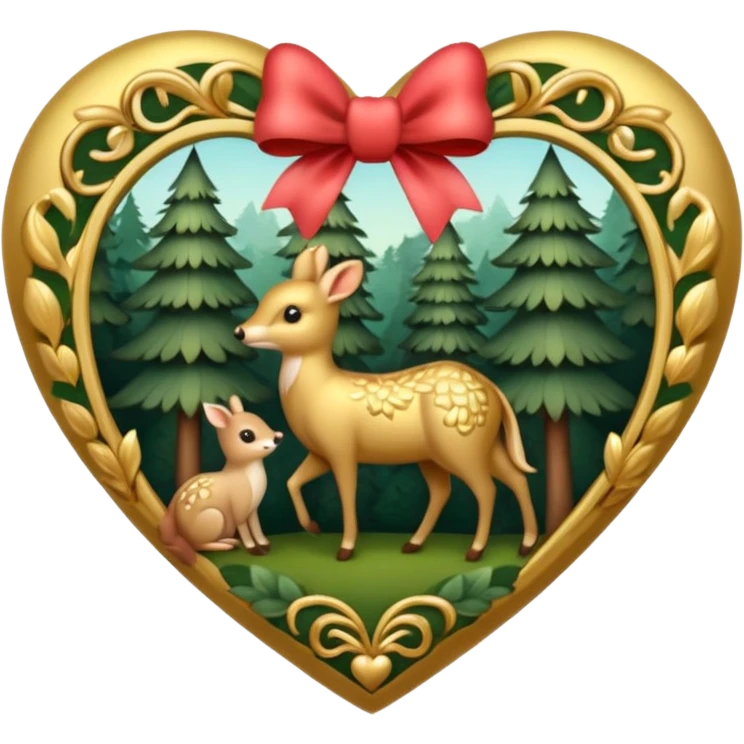 heart with forest animals with gold bow and heart pattern on the bow emoji