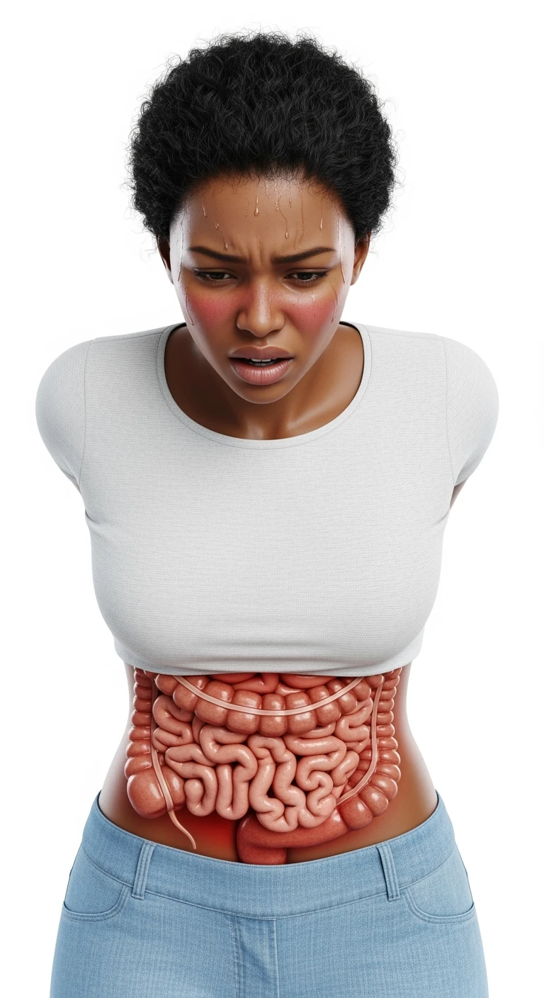 donna con intestino realistico e mal di pancia, iperrealistico 4k, isolata su sfondo bianco emoji