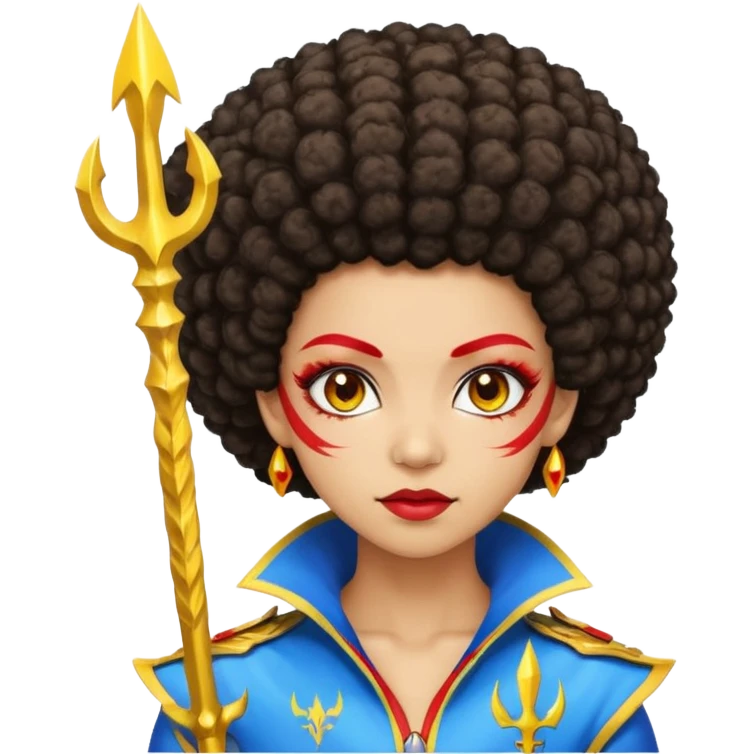 Emoji metisse femboy mais plus masculin avec drapeau ukrainien arriere plan, un afro, sourcils rouge, fourche trident, et eclairs et sur fond bleu clair irrisé. Peau lightskin, yeux marron et cheveux marron bouclés mais en mode afro pixi cut emoji