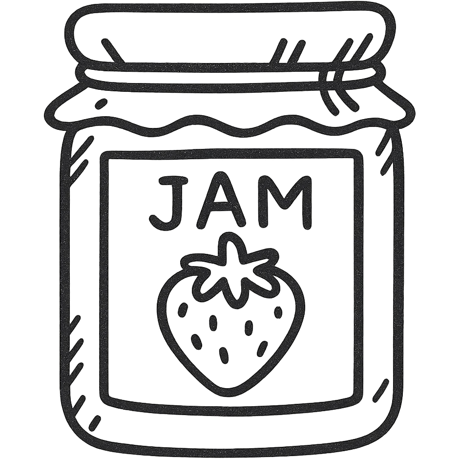 Add a label to the jar of strawberry jam in the hand drawn black outline style, with no background. emoji