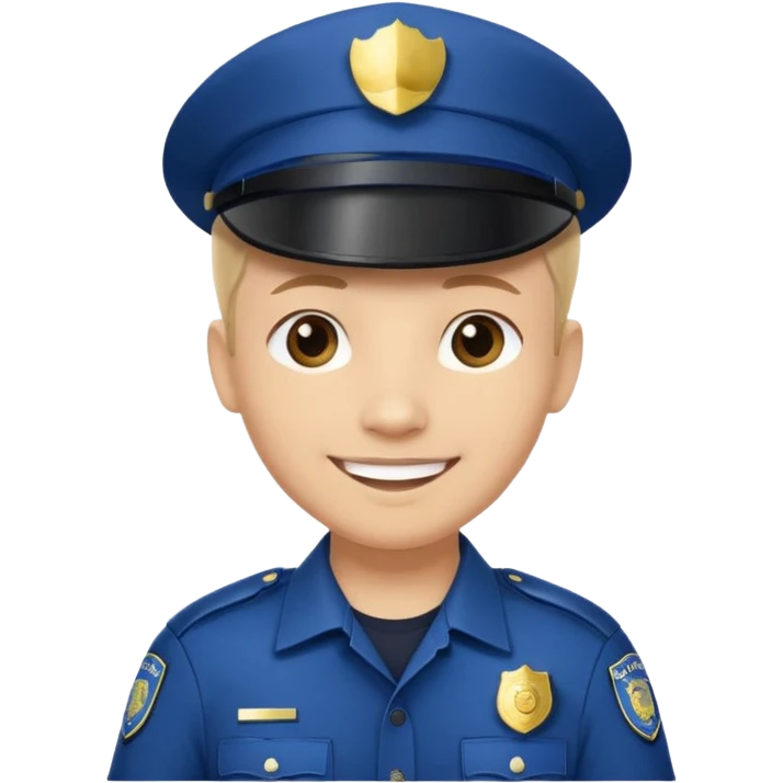 This is a cartoon-style avatar of a police officer with light skin, wearing a dark blue cap featuring a silver badge, and showing a smile expression. emoji