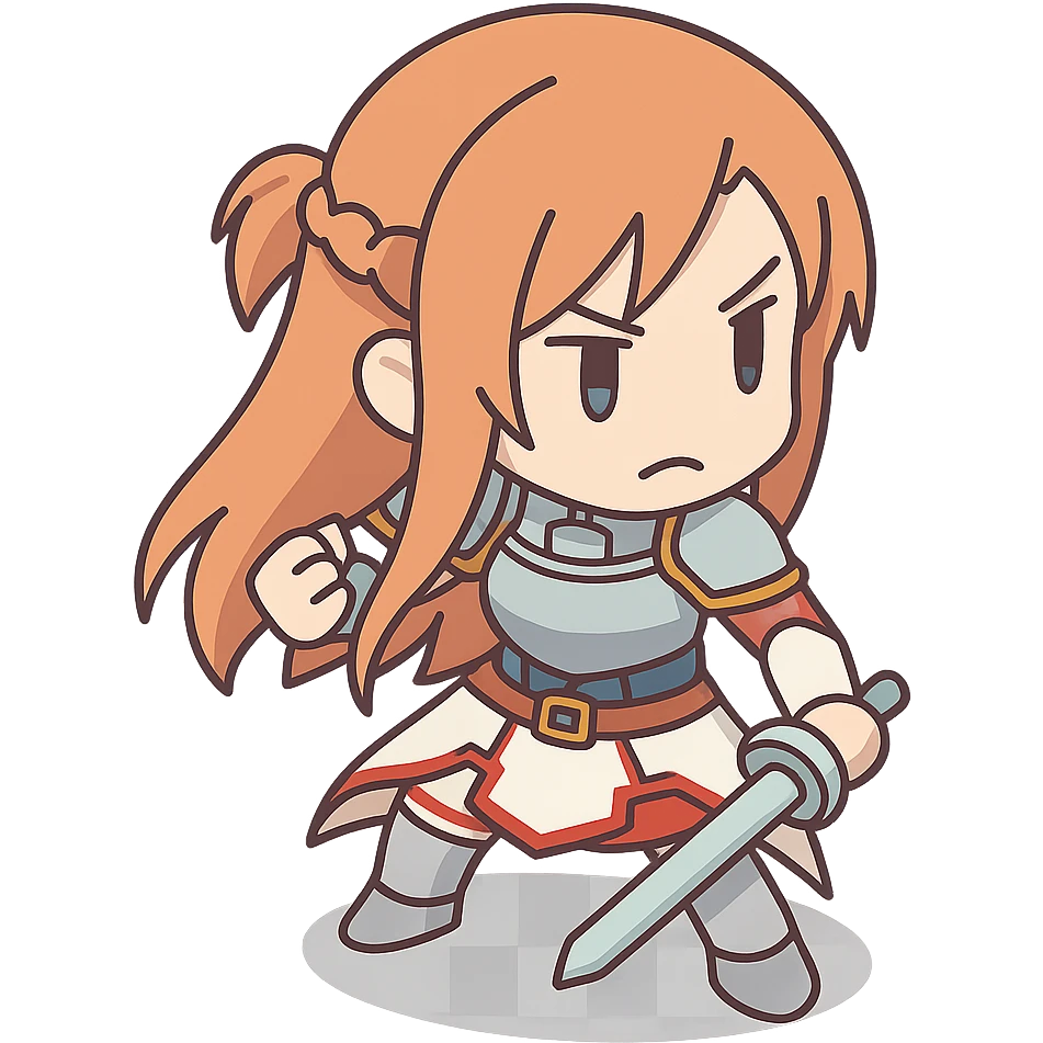 Sticker of Asuna from Sword Art Online in 2D isometric style with a determined expression, inspired by the provided reference image. emoji