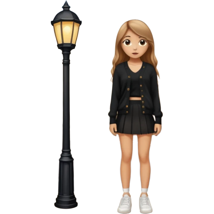 девушка с русыми длинными волосами,  в черной короткой юбке и вязаной черной кофте с дырками, в белых кедах рядом с фонарным столбом emoji