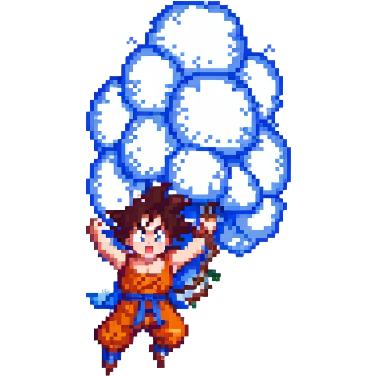 Goku from Dragon Ball Z, pixel art style, flying on Nimbus cloud, cheerful expression emoji