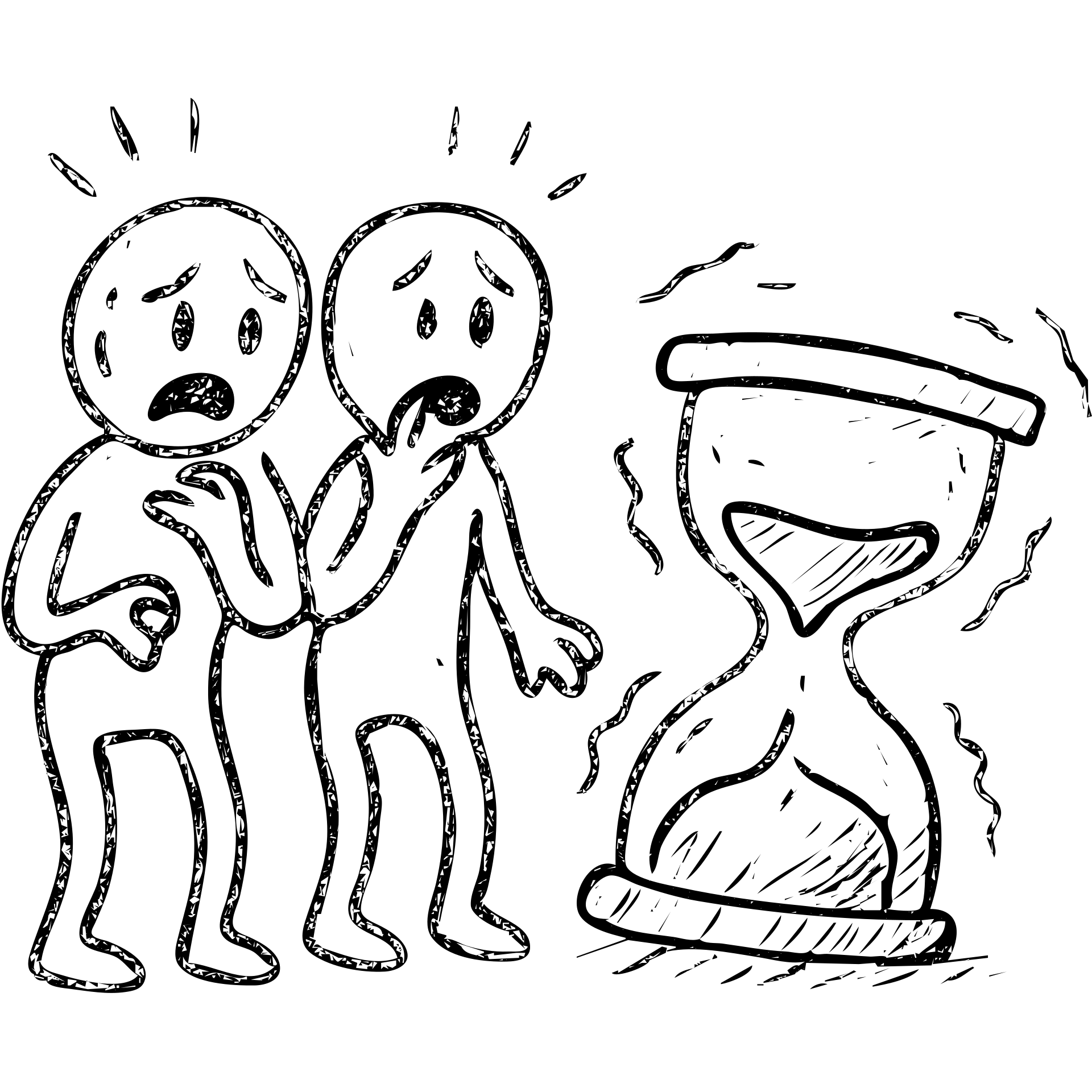 ultra-minimalist hand-drawn outlined icon of two figures, trembling clock or hourglass, extremely worn and eroded texture, anxious and stressed expressions, sense of terror emoji