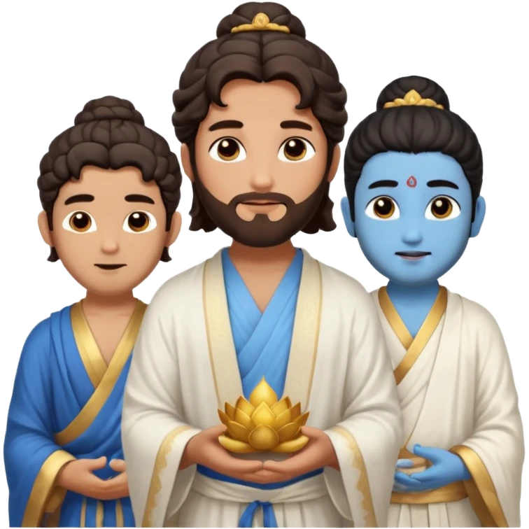 Create a Jesus - men long wavy dark-brown hair, short beard, wearing a simple white robe., Krishna- men blue skin with dark curled hair , and Buddha standing together. Buddha: men warm golden or light tan skin, dark curled hair with a traditional top bun (ushnisha)

 emoji