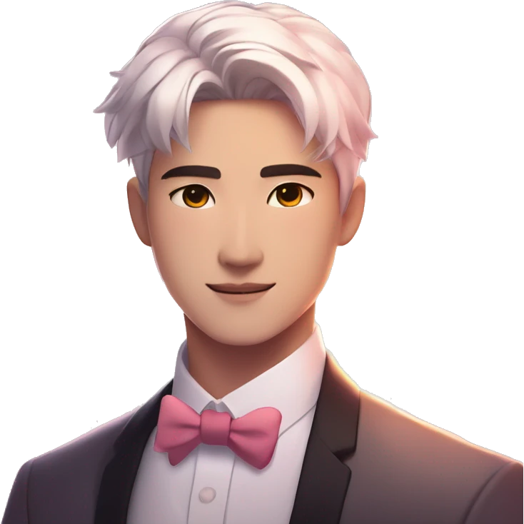 Gorgeous romantic anime style Asian formal modern gentlemanly guy with flowers and blushing face aesthetic trending style outside with colorful gradient bright light colors emoji