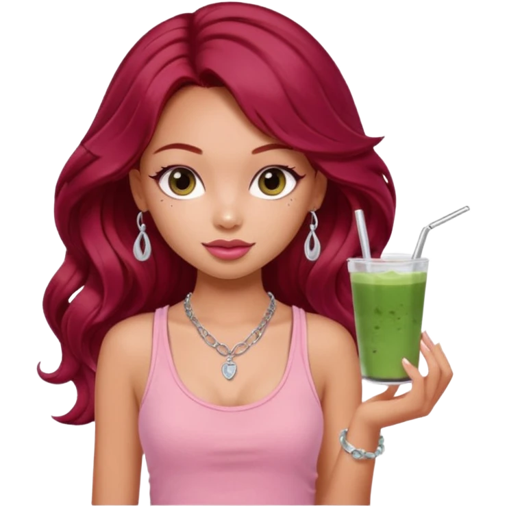 a pretty fair bratz girl with wavy dark red hair, wearing a pink tank top . silver dainty layered necklaces, carrying a matcha emoji