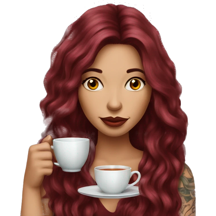 Beautiful tattooed  burgundy long haired woman sipping tea emoji