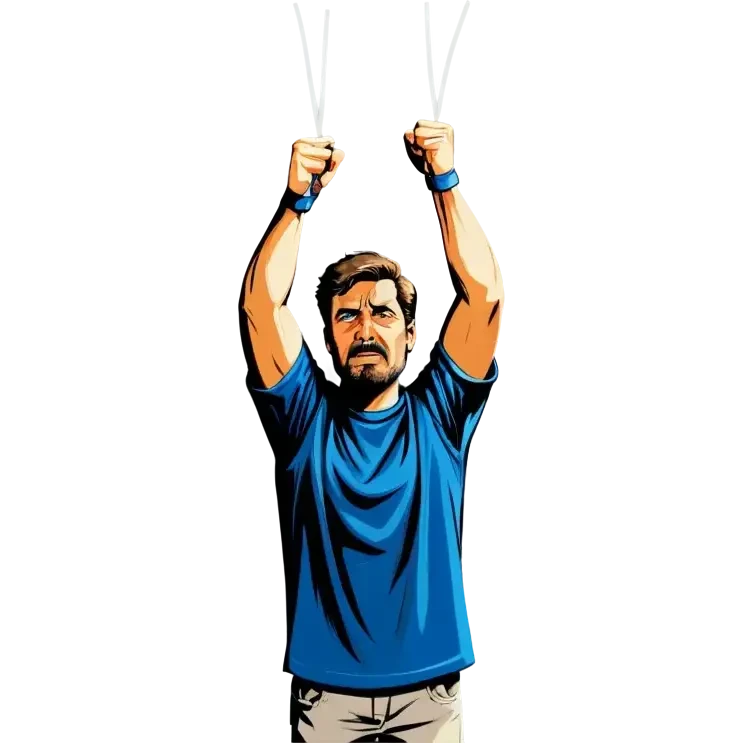 Man holding both arms in the air and holding an electrical cable der Man looks sad emoji