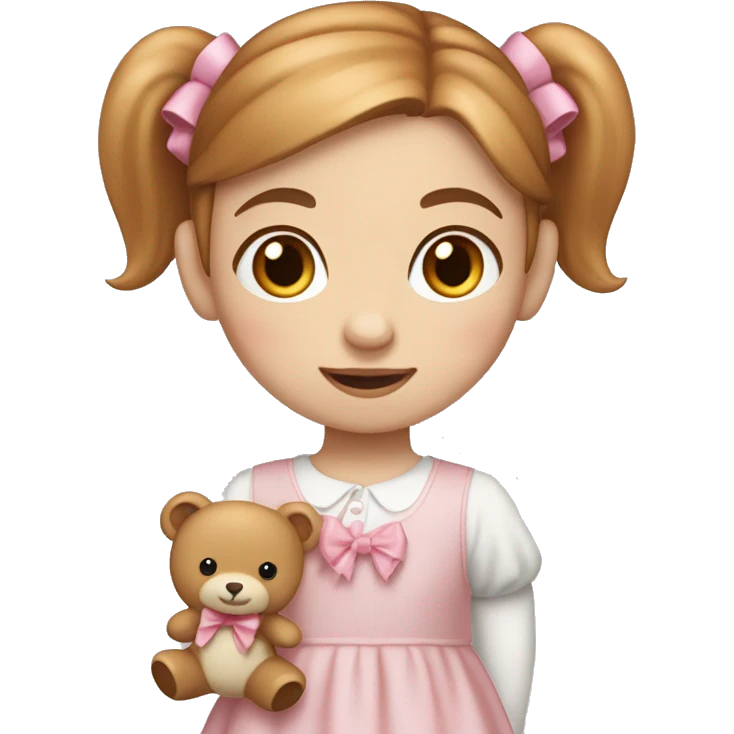 Little Girl with White skin, blue eyes. Light brown and red hair in two ponytails, with light pink bows.  She is wearing a light pink and White dress, standing and holding a teddybear with a pink bow. emoji