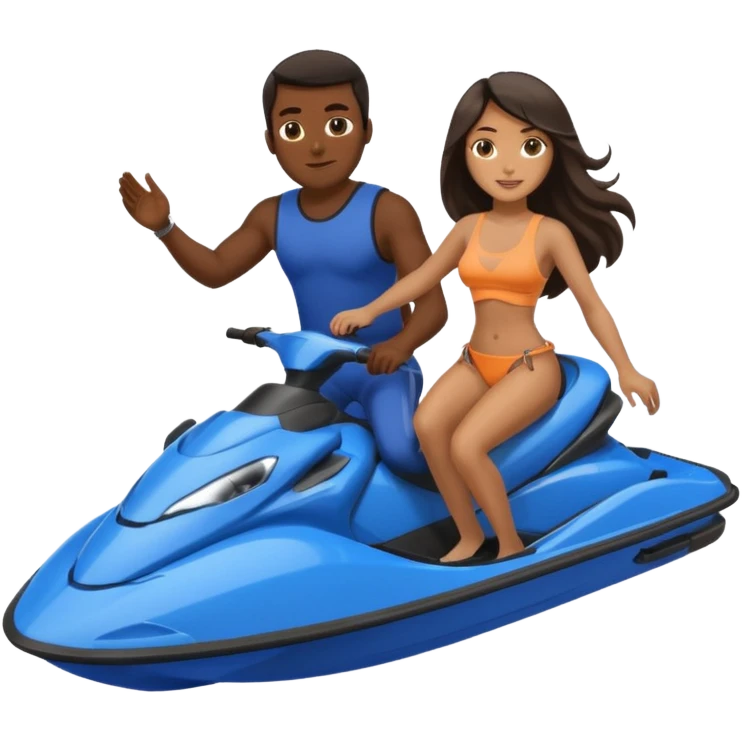 Dark male dark hair & light tan female long dark hair on a blue jet ski no sunglasses emoji